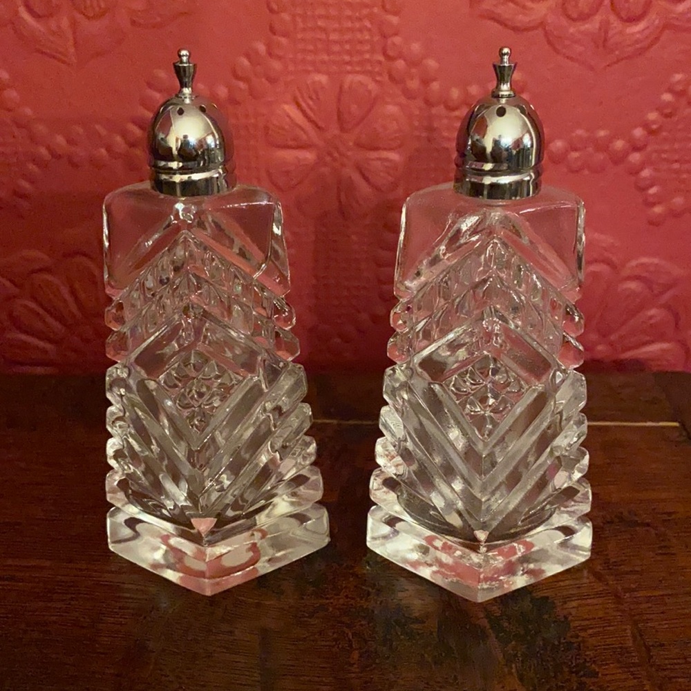 Cut Glass Tapered Diamond Shaped Salt & Pepper Shakers